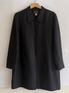 Louben Classic Black Linen Blend Hip Length Collared Jacket Blazer Women SZ 14